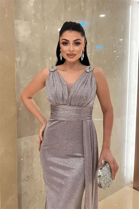 Yaltiroq matoli tosh detalli kechki libos - LILA - 4