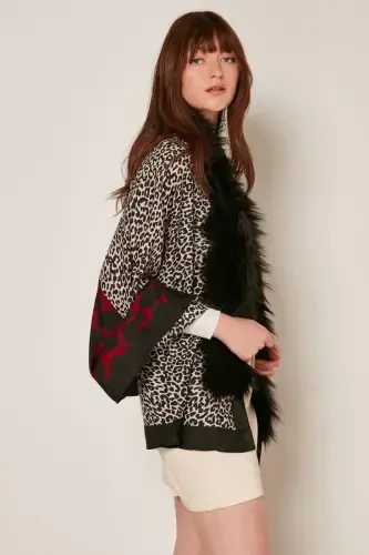 Yamali Leopard Naqshli Bordo Poncho NW13955-3 - 5