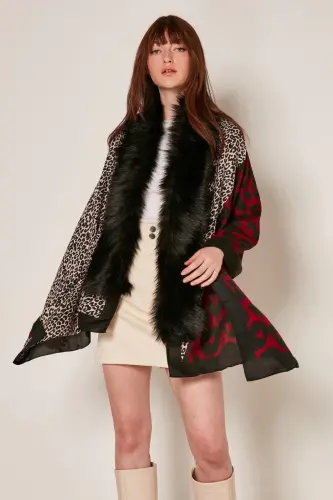 Yamali Leopard Naqshli Bordo Poncho NW13955-3 - 1