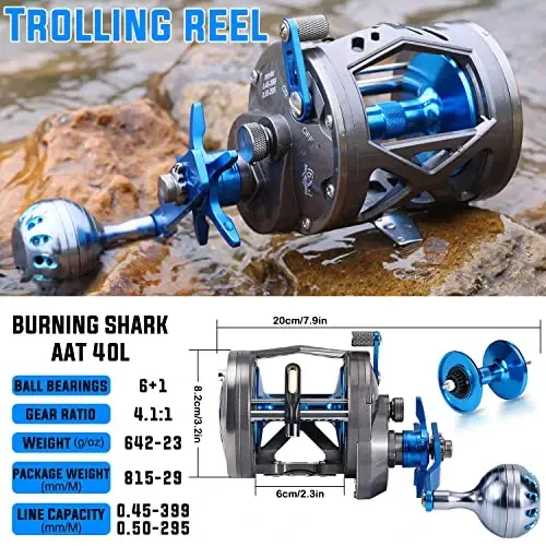 Burning Shark Trolling Reel Saltwater Level Wind Reels, Drag Reels Boat Fishing Ocean Fishing for Sea Bass Grouper Salmon - 3