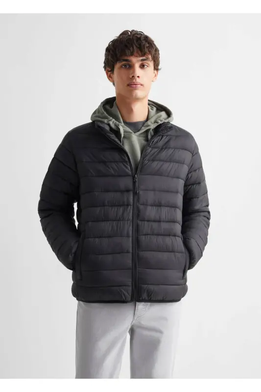 Yandan fermuarlı kapitone anorak - Siyah - 1