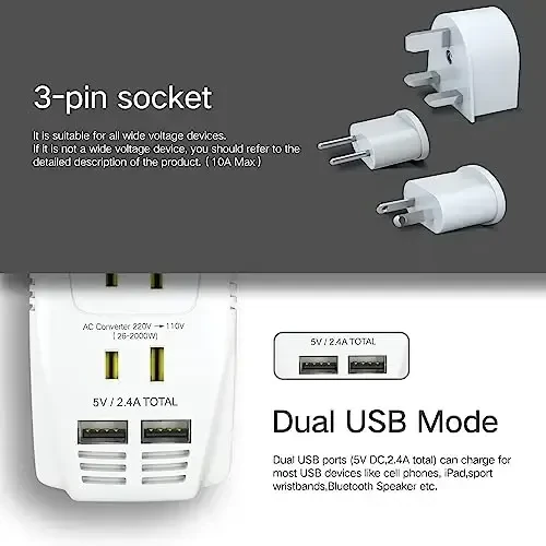 Yangi 2000W 220V dan 110V gacha kuchlanish konvertori Soch quritgich, tekislovchi, jingalak dazmol, mobil telefon quvvat konvertori 2 portli USB va Buyuk Britaniya/Avstraliya/AQSh/Yevropa 10A vilkasi adapteri, oq - 5