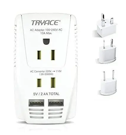 Yangi 2000W 220V dan 110V gacha kuchlanish konvertori Soch quritgich, tekislovchi, jingalak dazmol, mobil telefon quvvat konvertori 2 portli USB va Buyuk Britaniya/Avstraliya/AQSh/Yevropa 10A vilkasi adapteri, oq - TRYACE