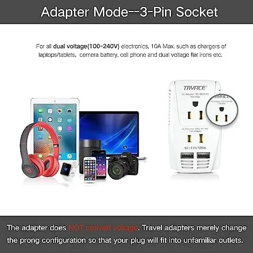 Yangi 2000W 220V dan 110V gacha kuchlanish konvertori Soch quritgich, tekislovchi, jingalak dazmol, mobil telefon quvvat konvertori 2 portli USB va Buyuk Britaniya/Avstraliya/AQSh/Yevropa 10A vilkasi adapteri, oq - 3