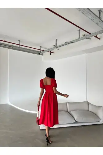 Yangi Mavsum Ayollar Elastik Dalğıç Mato Kvadrat Yoqalı Balon Qisma Dizayn Qora Midi Keçki Libos 582613-QIZIL - 8