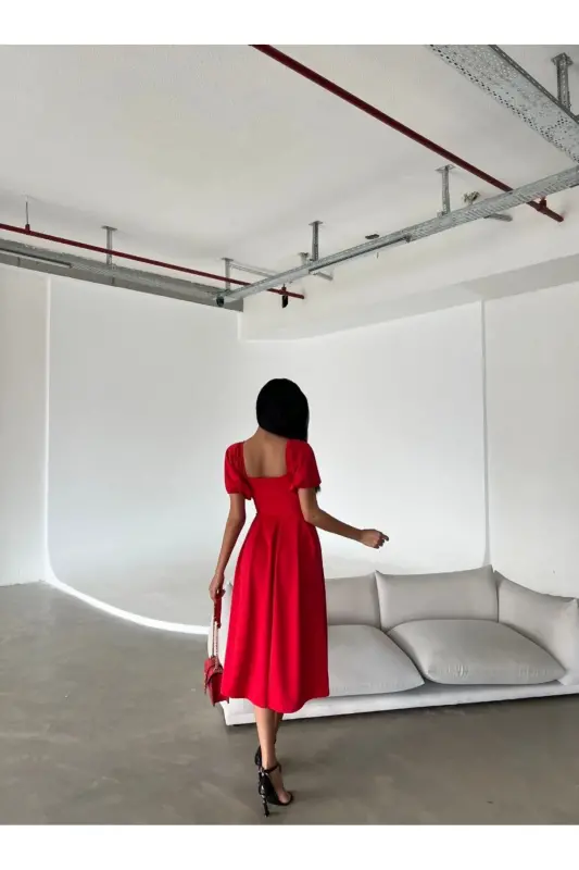 Yangi Mavsum Ayollar Elastik Dalğıç Mato Kvadrat Yoqalı Balon Qisma Dizayn Qora Midi Keçki Libos 582613-QIZIL - 4