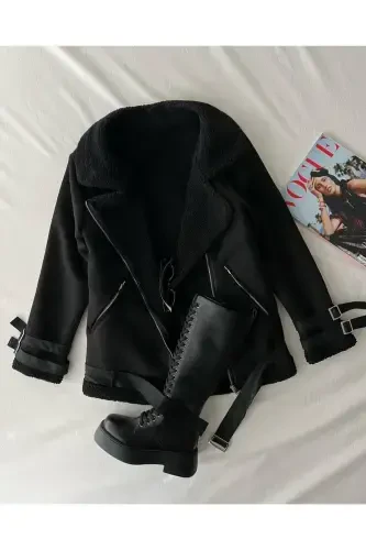 Yangi Mavsum Ayollar Ichki Qismli Tezlashtirilgan Kamar Tafsilotli Zr Teri Zamsh Palto - QORA - 1