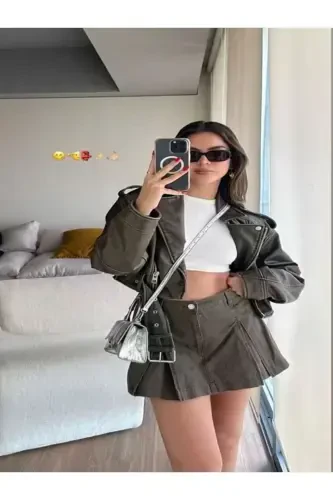 Yangi Mavsum Belbog'li Oversize Teri Biker Ko'ylagi - 4