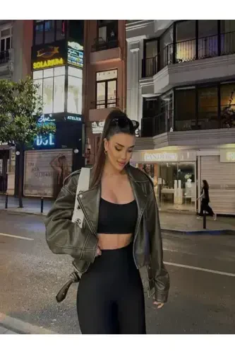 Yangi Mavsum Belbog'li Oversize Teri Biker Ko'ylagi - 5