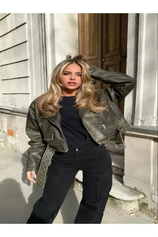 Yangi Mavsum Belbog'li Oversize Teri Biker Ko'ylagi - 6