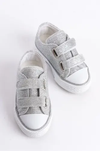 Yangi Mavsum Kumush Simli Velcro Qizlar Poyafzali, Ortopedik Qizlar Kundalik Poyafzali 21-30 Yorug'likli-Kumush 