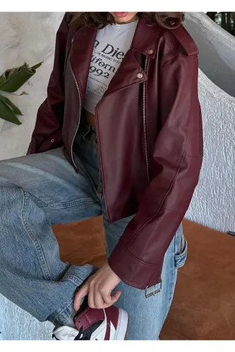 Yangi Mavsum Oversize Ayollar Bordo Biker Charm Kurtka-Bordo - 1