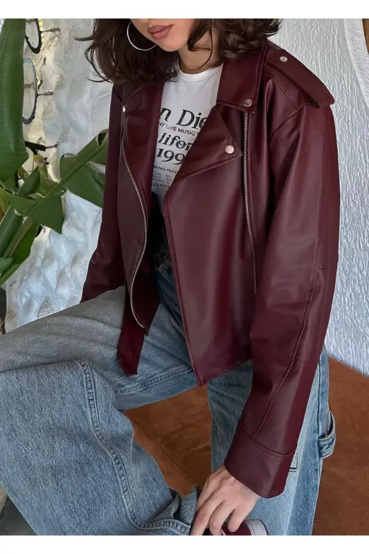 Yangi Mavsum Oversize Ayollar Bordo Biker Charm Kurtka-Bordo - 2