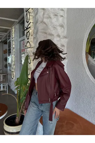 Yangi Mavsum Oversize Ayollar Bordo Biker Charm Kurtka-Bordo - 3