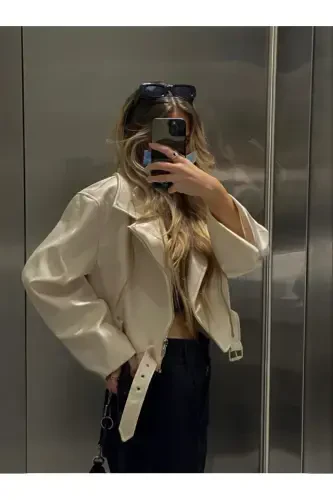Yangi Mavsum Oversize Ayollar Oq Biker Teri Kurtka-Krem - NET OF NOT (1)