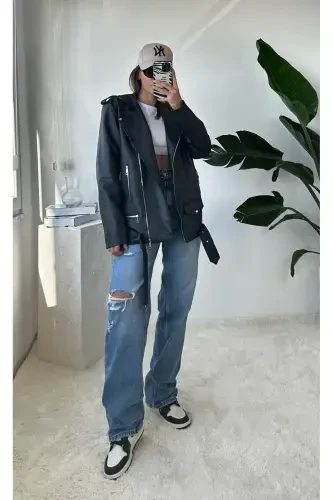 Yangi Mavsum Oversize Ayollar Qora Biker Teri Ko'ylagi - NET OF NOT (1)