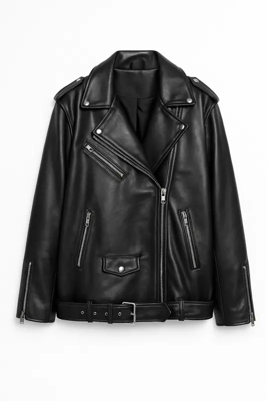 Yangi Mavsum Oversize Ayollar Qora Biker Teri Ko'ylagi - 5
