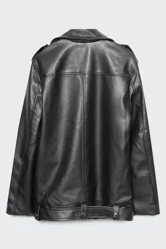 Yangi Mavsum Oversize Ayollar Qora Biker Teri Ko'ylagi - 6