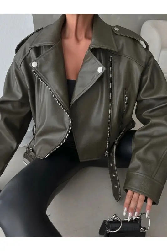 Yangi Mavsum Oversize Ayollar Yashil Biker Teri Kurtka-Haki - 1