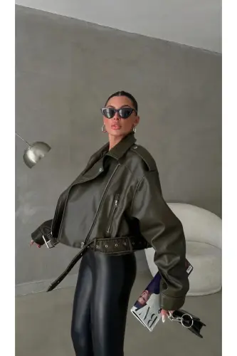 Yangi Mavsum Oversize Ayollar Yashil Biker Teri Kurtka-Haki - 2