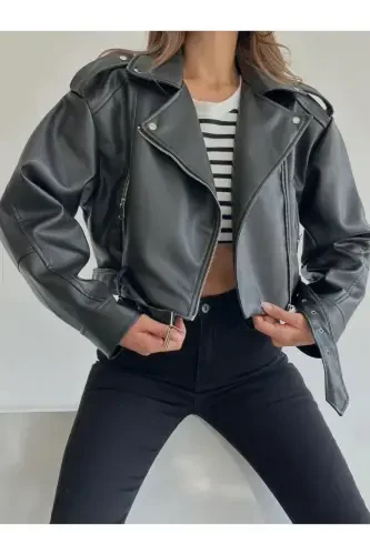 Yangi Mavsum Oversize Qora Biker Teri Ko'ylagi - 1