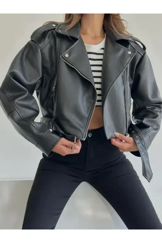 Yangi Mavsum Oversize Qora Biker Teri Ko'ylagi - EKIM STORE