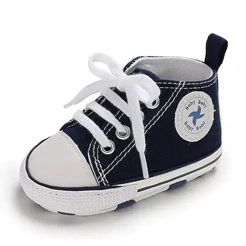 Yangi tug'ilgan chaqaloq qizlar uchun kanvas poyabzal, o'g'il bolalar uchun chaqaloq yumshoq taglikli slip-on birinchi qadam qo'yuvchi krossovkalar Toddler tekis loaferlar Yuqori top karavot denim Unisex mokasin poyabzal - 5