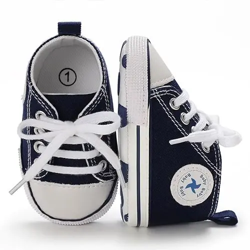 Yangi tug'ilgan chaqaloq qizlar uchun kanvas poyabzal, o'g'il bolalar uchun chaqaloq yumshoq taglikli slip-on birinchi qadam qo'yuvchi krossovkalar Toddler tekis loaferlar Yuqori top karavot denim Unisex mokasin poyabzal - 1