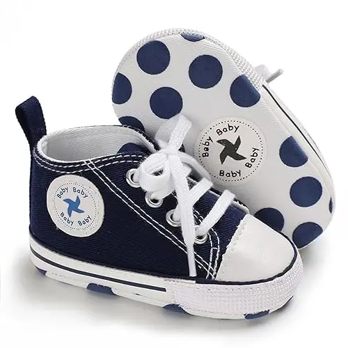 Yangi tug'ilgan chaqaloq qizlar uchun kanvas poyabzal, o'g'il bolalar uchun chaqaloq yumshoq taglikli slip-on birinchi qadam qo'yuvchi krossovkalar Toddler tekis loaferlar Yuqori top karavot denim Unisex mokasin poyabzal - 2