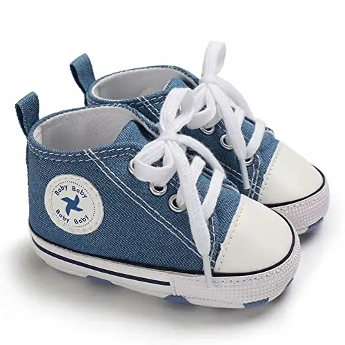 Yangi tug'ilgan chaqaloq qizlar uchun kanvas poyafzal Infant yumshoq taglik Slip On Birinchi yuruvchilar Krossovkasi Toddler tekis Loaferlar Yuqori Top Beshik Denim Unisex Mokasin Poyafzal - NEWBORN (1)