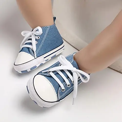 Yangi tug'ilgan chaqaloq qizlar uchun kanvas poyafzal Infant yumshoq taglik Slip On Birinchi yuruvchilar Krossovkasi Toddler tekis Loaferlar Yuqori Top Beshik Denim Unisex Mokasin Poyafzal - 5