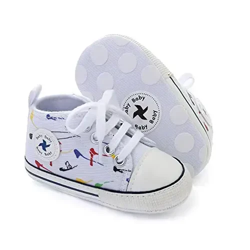 Yangi tug'ilgan chaqaloq qizlar uchun tuvali poyabzallari Chaqaloqlar uchun yumshoq taglik Yiqilib tushadigan birinchi yuruvchilar Sneaker Bolalar uchun tekis lofelar Yuqori top karavoti Jinsi Uniseks Mokasin poyabzali - NEWBORN
