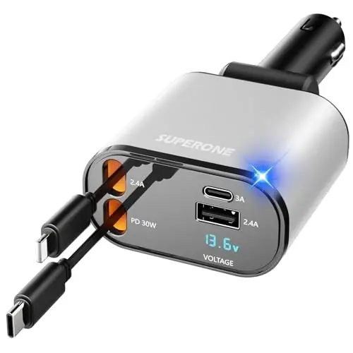 【Yangilangan】 SUPERONE tortiladigan avtomobil zaryadlovchisi 4 tasi 1 da, 2,6 fut simli tez avtomobil telefon zaryadlovchisi, USB C va Apple avtomobil zaryadlovchi adapteri, iPhone 17/16/15/15 Pro Max/14/13/12/11, Galaxy, Pixel bilan mos keladi 