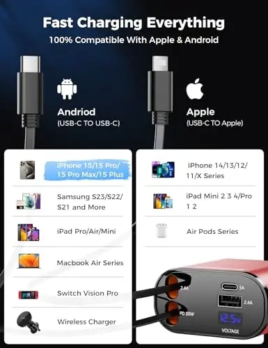 【Yangilangan】 SUPERONE tortiladigan avtomobil zaryadlovchisi 4 tasi 1 da, simli tez avtomobil telefon zaryadlovchisi 2,6 fut, USB C va Apple avtomobil zaryadlovchi adapteri, iPhone 17/16/15/15 Pro Max/14/13/12/11, Galaxy, Pixel bilan mos keladi - 4