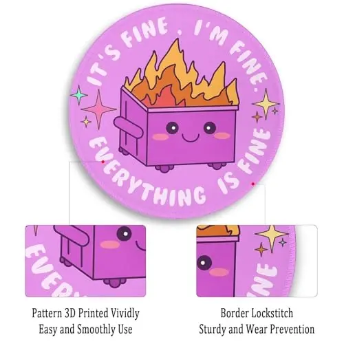 Gctriki Dumpster on Fire Mouse Pad, Cute Round Mouse Pads for Desk, Funny Purple Mousepad for Computer Laptop Gaming, Stitched Edge Non-Slip Rubber Base, Cute Office Desk Accessories Decor for Women - 6