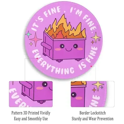 Gctriki Dumpster on Fire Mouse Pad, Cute Round Mouse Pads for Desk, Funny Purple Mousepad for Computer Laptop Gaming, Stitched Edge Non-Slip Rubber Base, Cute Office Desk Accessories Decor for Women - 6