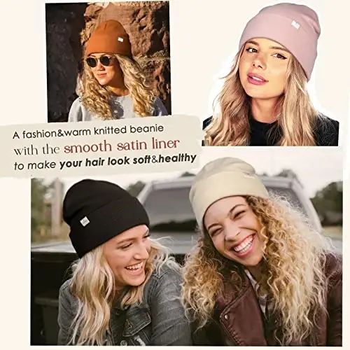 YANIBEST Satin Lined Beanie for Women Reduce Frizz Winter Hats for Women Men Silk Lining Soft Slouchy Warm Cuffed Less Static - 3