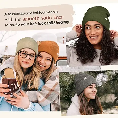 YANIBEST Satin Lined Beanie for Women Reduce Frizz Winter Hats for Women Men Silk Lining Soft Slouchy Warm Cuffed Less Static - 2