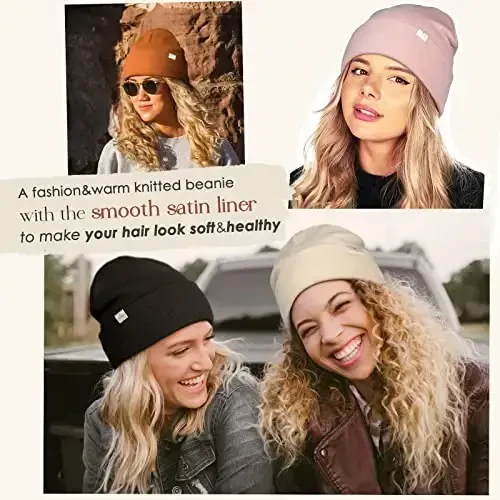 YANIBEST Satin Lined Beanie for Women Reduce Frizz Winter Hats for Women Men Silk Lining Soft Slouchy Warm Cuffed Less Static - 3
