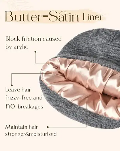 YANIBEST Satin Lined Beanie for Women Reduce Frizz Winter Hats for Women Men Silk Lining Soft Slouchy Warm Cuffed Less Static - 3