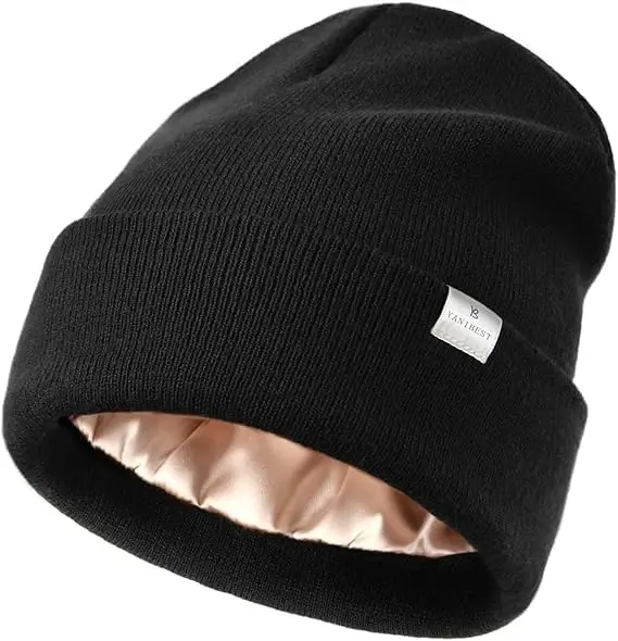 YANIBEST Womens Satin Lined Knit Beanie Hat Acrylic Winter Hats for Women Men Silk Lining Soft Slouchy Warm Cuffed Beanie Hat - 1