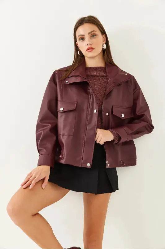 Yanlardan Büzgü Detaylı Deri Ceket - Oversize-Bordo - 1