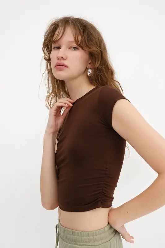 Yanları Büzgülü T-shirt B3939-J5 - Kahve - 1