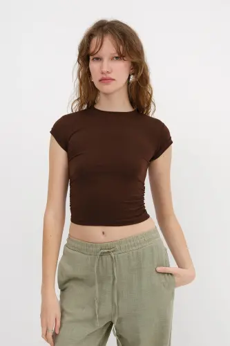 Yanları Büzgülü T-shirt B3939-J5 - Kahve - 5
