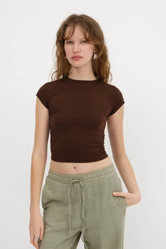Yanları Büzgülü T-shirt B3939-J5 - Kahve - 5