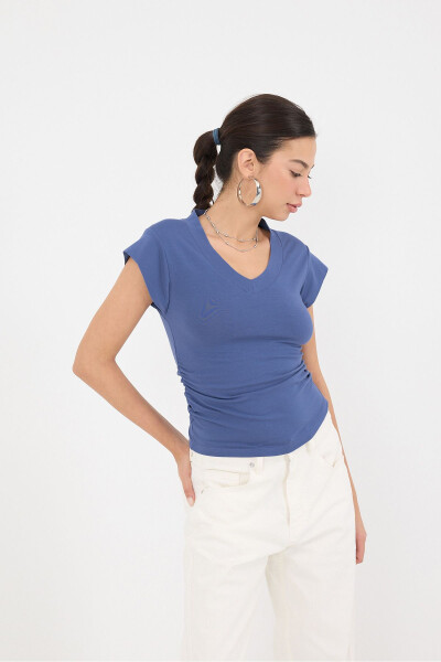 Yanları Büzgülü V Yaka T-Shirt P1566-S1 - marlin - 4