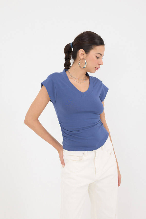 Yanları Büzgülü V Yaka T-Shirt P1566-S1 - marlin - 4