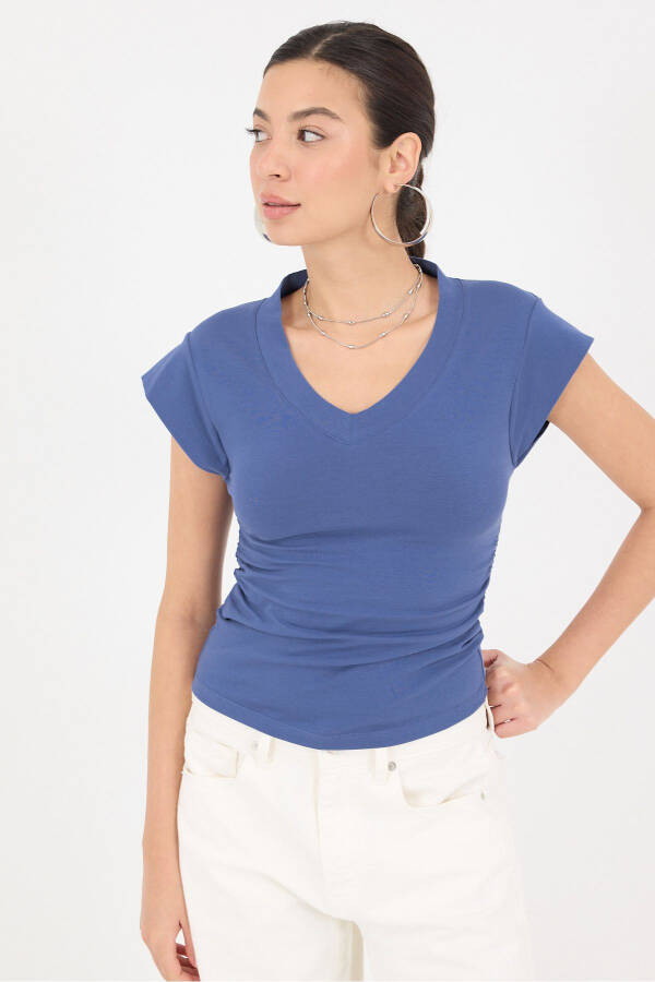 Yanları Büzgülü V Yaka T-Shirt P1566-S1 - marlin - 6