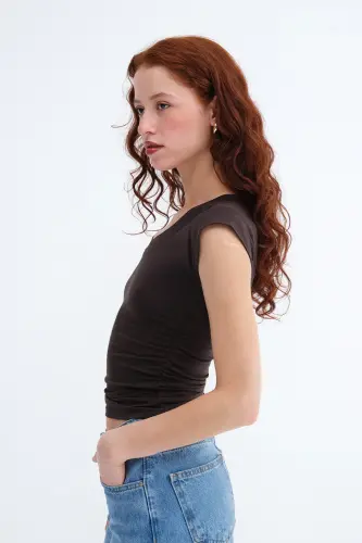 Yanları Büzgülü V Yaka T-Shirt P1566-S1-Acı Kahve - 4