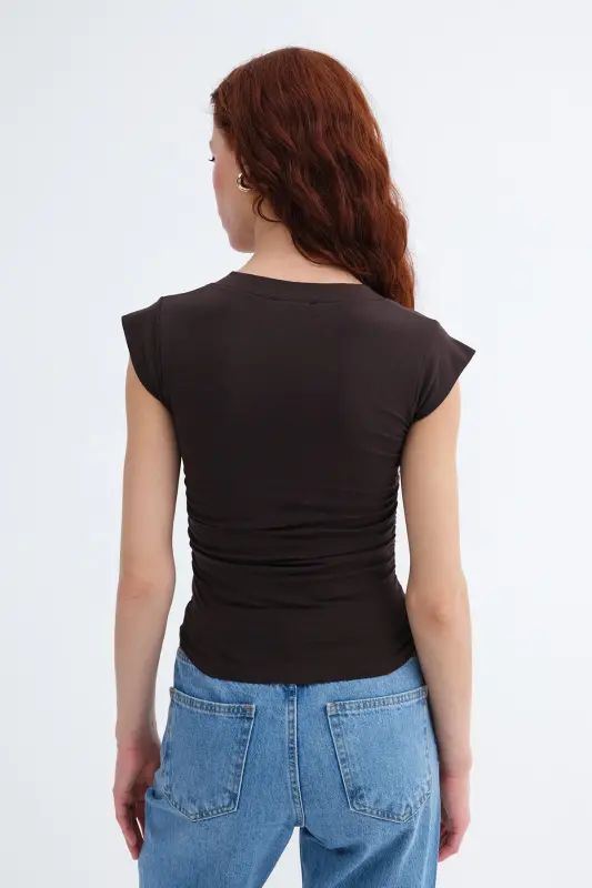 Yanları Büzgülü V Yaka T-Shirt P1566-S1-Acı Kahve - 6